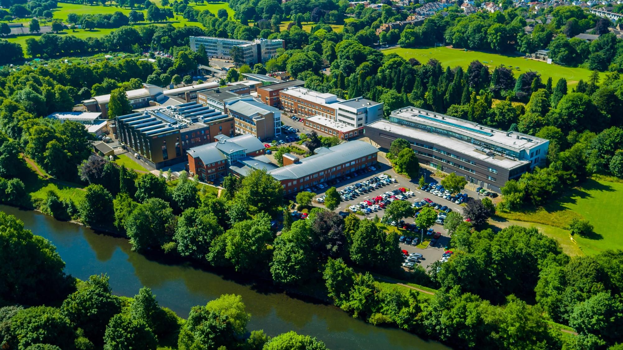 An aerial shot of Cardiff Met Llandaff campus next to a river